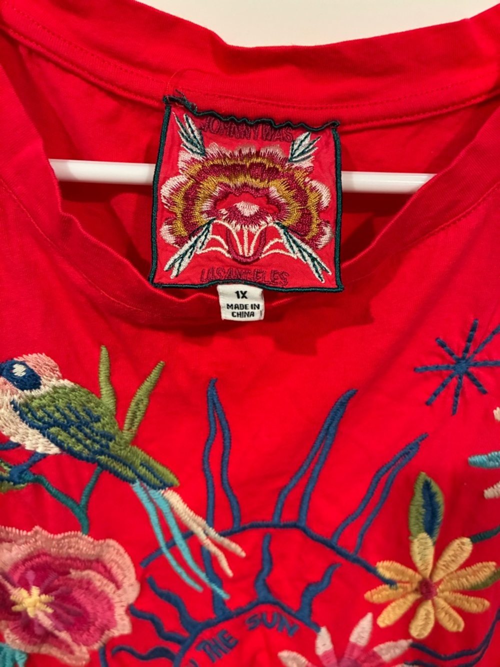 Johnny Was Red Embroidered Floral & Sun Tee - Picture 2 of 3